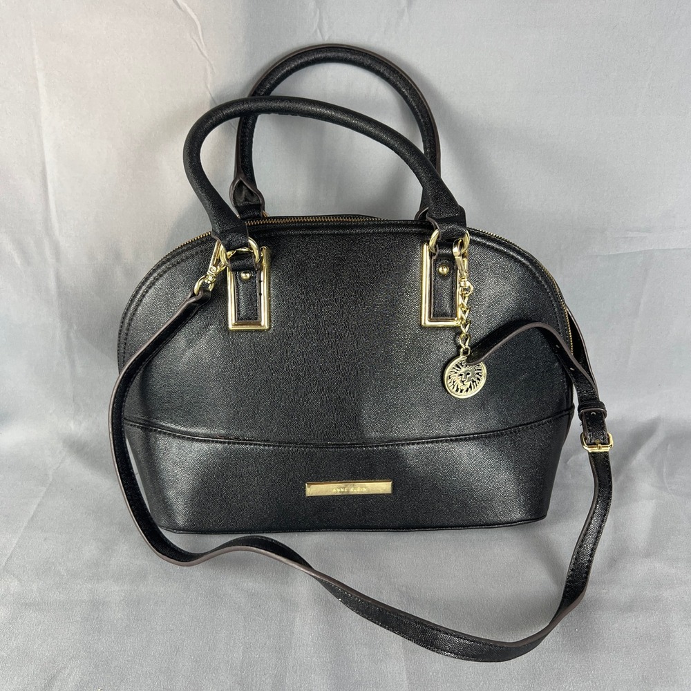Anne Klein Dome Satchel Top Handle Bag Black Textured Gold Hardware Lion Charm